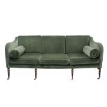 Regency three seater sofa with square back, upholstered in green velvet,
