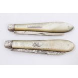 Victorian silver folding fruit knife with silver blade and mother of pearl scales,