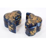 Pair 18th century Chelsea interlocking scroll-shaped toilet boxes with covers,