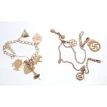 Gold (9ct) charm bracelet and a white and yellow metal watch chain with three gold fobs
