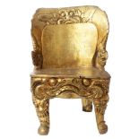 Highly unusual antique Eastern carved and gilded hardwood temple chair,