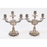 Pair ornate mid-20th century silver plated three-light candelabra with central stems in the form of