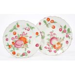Pair 18th century Chelsea dessert plates with polychrome painted fruit decoration,