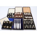 Selection of early 20th century cased flatware - including set of six Hanoverian pattern teaspoons,