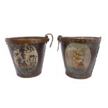 Decorative pair of antique leather copper bound and painted fire buckets,