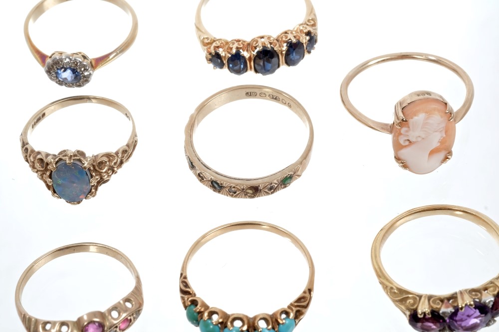 Group of ten gold and gem set dress rings - various, to include rose gold coral and seed pearl ring, - Image 6 of 11