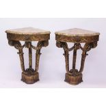 Pair of 19th century French gilt wood marble-topped corner console tables,