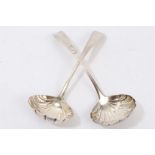 Pair George III silver Old English pattern sauce ladles with shell bowls (London 1804), maker - I.