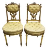 Pair early 20th century French giltwood bedroom chairs, each button silk upholstered,