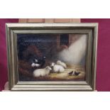 Late Victorian English School oil on canvas - sheep, goat and chickens in a stable,