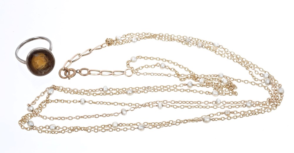 Edwardian triple-strand necklace with chain links and pearl spacers,