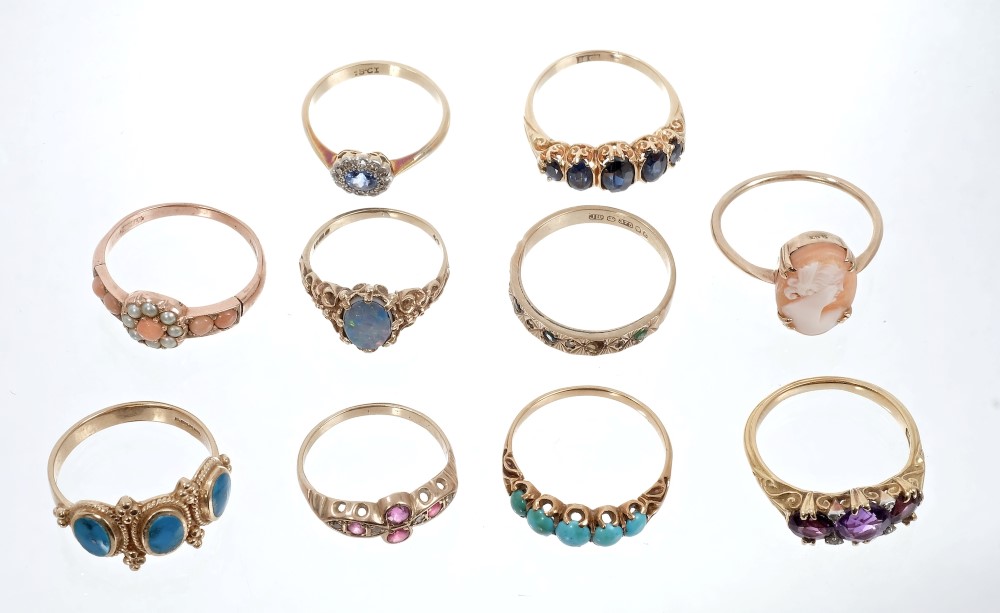 Group of ten gold and gem set dress rings - various, to include rose gold coral and seed pearl ring,