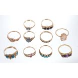 Group of ten gold and gem set dress rings - various, to include rose gold coral and seed pearl ring,