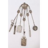 Victorian silver plated chatelaine with classically decorated belt hook and belcher suspension