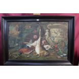 Continental School oil on canvas - dead game and songbirds in classical landscape, framed,
