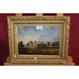 19th century English School oil on board - deer grazing in the grounds of a castle, in gilt frame,