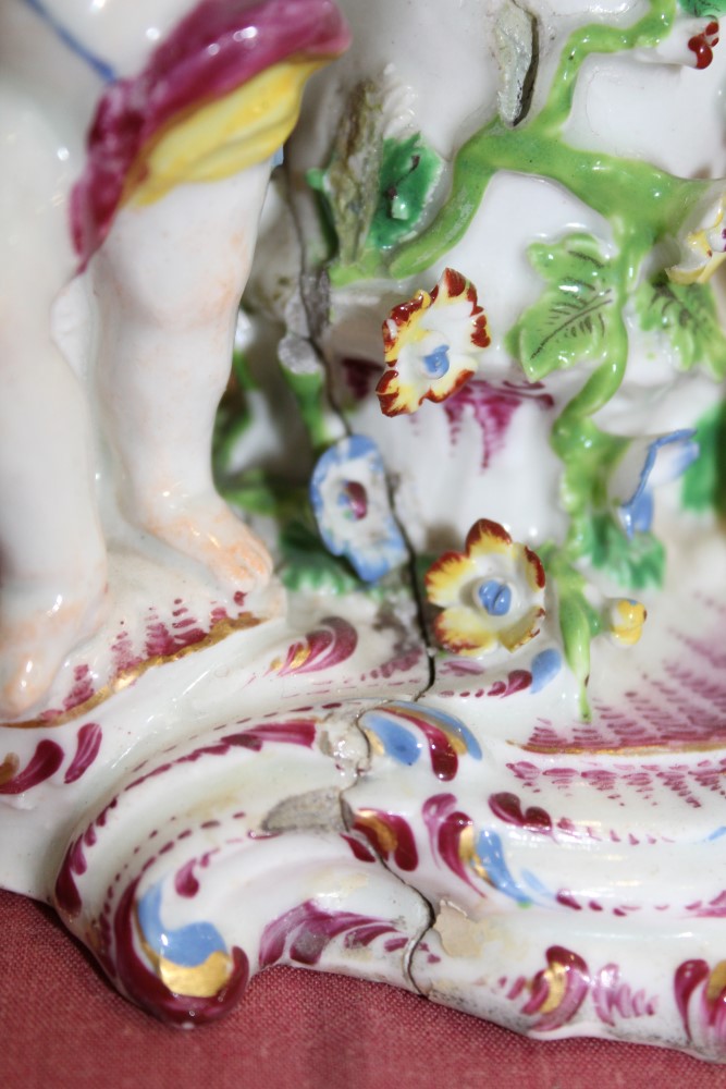 Scarce 18th century Bow polychrome porcelain vase with three musical putti mounts - the vase with - Image 10 of 11