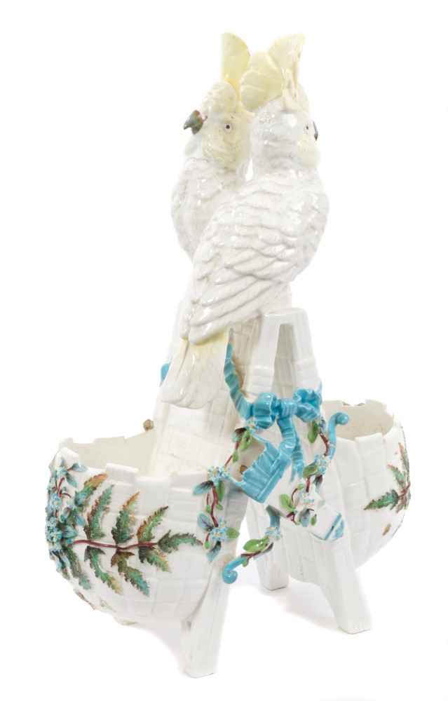 Late 19th century Continental porcelain novelty vase mounted with two parakeets sitting on two