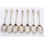 Five George III silver teaspoons with bright cut stems and shell bowls (London 1803), Peter,