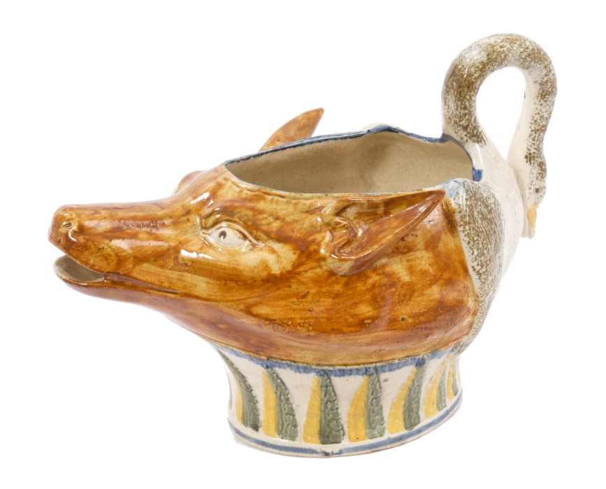 Scarce early 19th century Pratt sauce boat modelled with fox head mask spout and swan handle with - Image 2 of 2