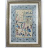 Very large Indian School painted ivorine panel with ornate scene of courtiers,