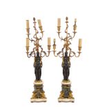 Fine pair of 19th century French Empire bronze, ormolu and marble four-branch candelabra,