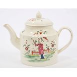18th century Leeds drum-shaped teapot and cover with polychrome painted Chinese figure and floral