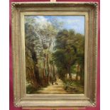 19th century English School oil on canvas - an avenue of trees with figures on a path,