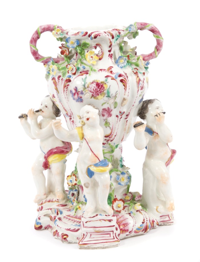 Scarce 18th century Bow polychrome porcelain vase with three musical putti mounts - the vase with