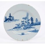 18th century Bristol Delft blue and white plate with Chinese landscape decoration,