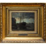 John Christian Clausen Dahl (1788 - 1857), oil on board - boats in a harbour in low light,