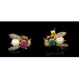Pair diamond and gem set novelty earrings - each in the form of a bee, with a cultured pearl body,