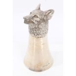 Contemporary silver stirrup cup with fox mask mount and tapered cup, 15.5cm high, 9.