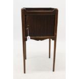 George III mahogany and satinwood strung pot cupboard with pierced three-quarter gallery and