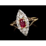 Late Victorian ruby and diamond marquise-shaped cluster ring,