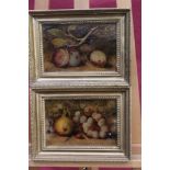 Pair of 19th century English School oils on board - still life of fruit on a mossy bank,