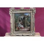 19th century Continental School oil on metal panel - ladies watching doves by a cottage door,