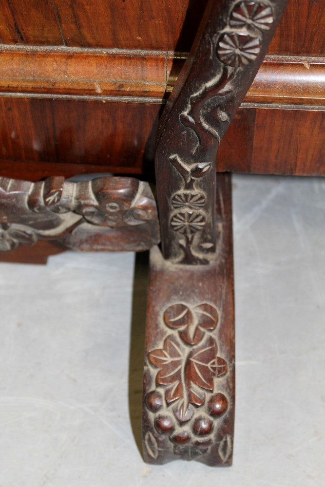 Late 19th / early 20th century Chinese carved hardwood gong stand with tooled metal gong and beater, - Image 7 of 12