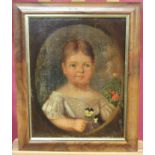 Early 19th century English School Naive oil on canvas - portrait of a child holding pansies,