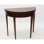 George III mahogany and tulipwood crossbanded demi-lune card table of small size,