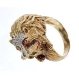 Unusual yellow metal ring in the form of a lion, with ruby eyes and diamond set mane, stamped - 585.