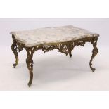 Gilt metal and marble-topped coffee table with shaped rectangular top on pierced base,