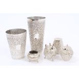 Late 19th / early 20th century Indian silver three piece condiment set - comprising salt,