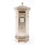 Novelty silver plated money box in the form of a Victorian octagonal postbox,