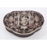 Fine George II silver, tortoiseshell and piqué inlaid snuff box of cartouche cushion form,