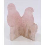 Oriental carved rose quartz figure of lovebirds on pierced plinth, 9.