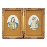 Pair of 19th century Indian oval portrait miniatures on ivory of a Nobleman and Noblewoman, each 8.