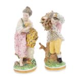 Pair 19th century Meissen Seasons figures of a boy gathering faggots emblematic of winter and a