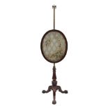 Victorian mahogany pole screen with elaborate oval embroidered textile banner,