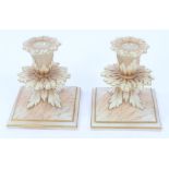 Pair late Victorian Graingers Worcester blushed ivory candlesticks with leaf moulded and marbled